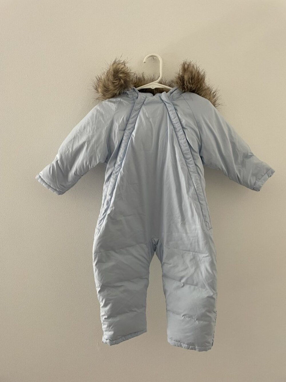 Lands' End Baby Down Filled Snowsuit Bunting Fur Trim Hood Zip Blue Sz 6-12 M